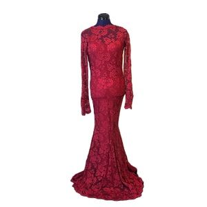 Olvi’s Lace Red Lace Long Sleeve Open Back Formal Maxi Dress